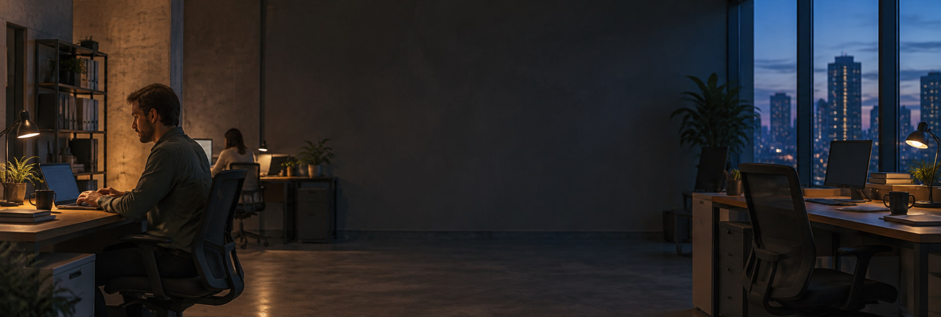 Colleagues focus on their work in an office at dusk.