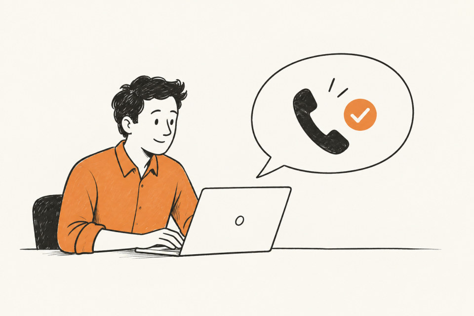 A colleague assigns a calling task from a laptop, with a checkmark in the chat bubble.
