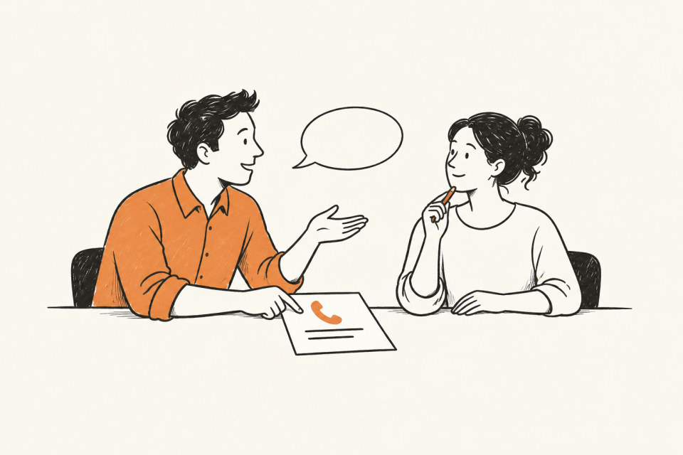 Two colleagues discuss a job brief across a table.