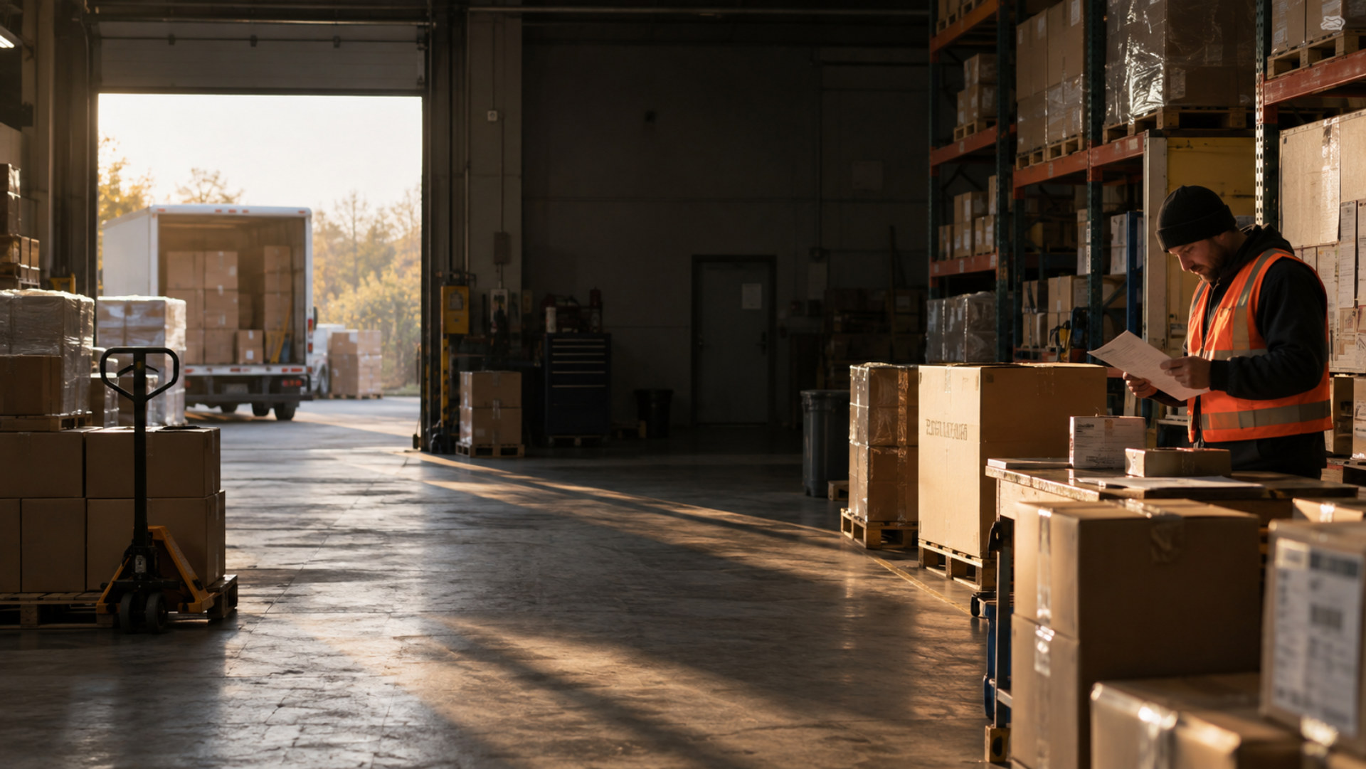 A warehouse worker checks a dispatch sheet beside packed orders